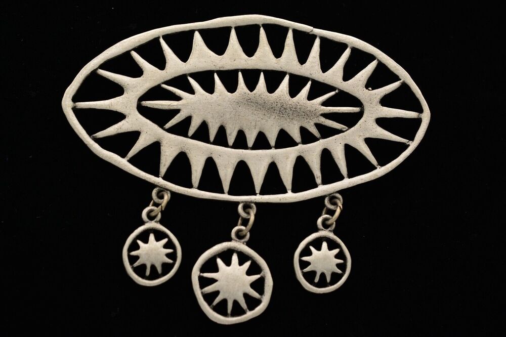 JJ Vintage Celestial Charm Dangle Pin Brooch Tribal Star Tribal Signed 80s BinJ